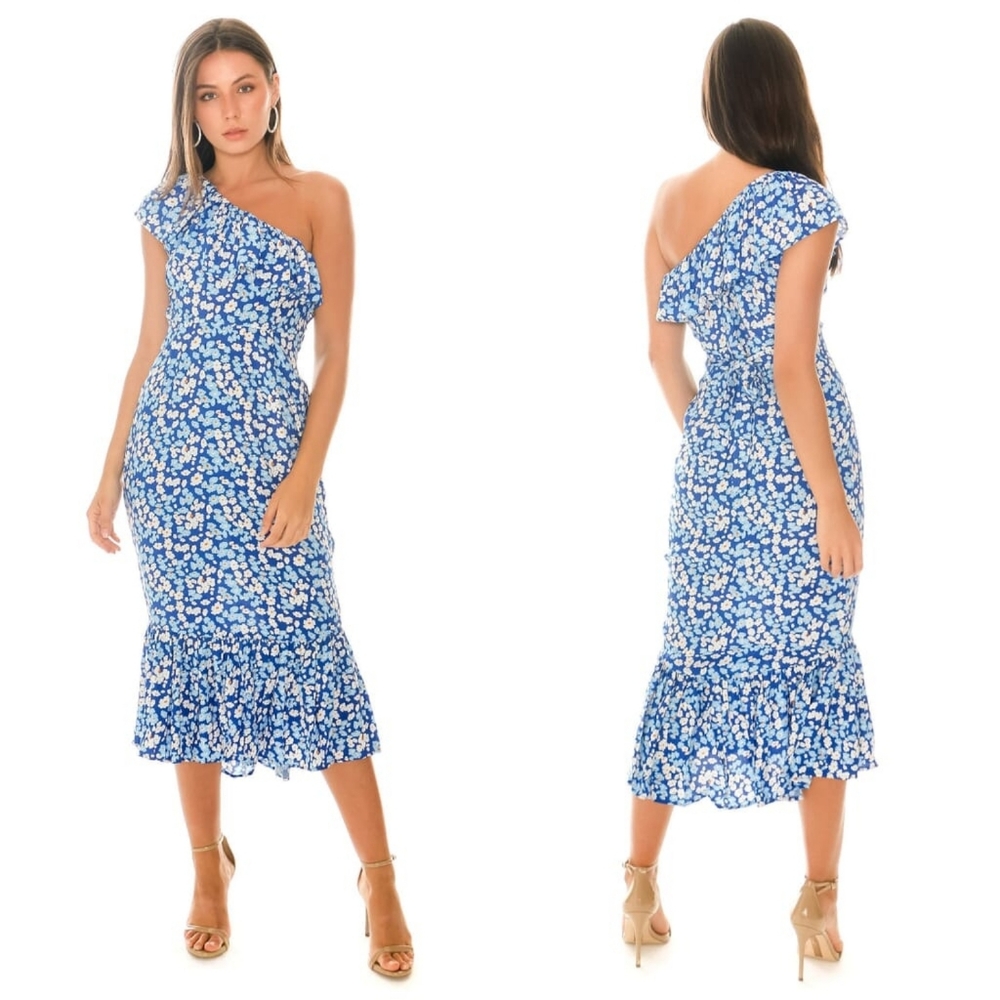 One-Shoulder Blue Floral Midi Dress